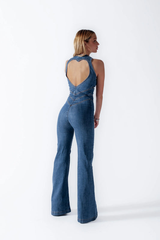 Backless Heart Denim Jumpsuit