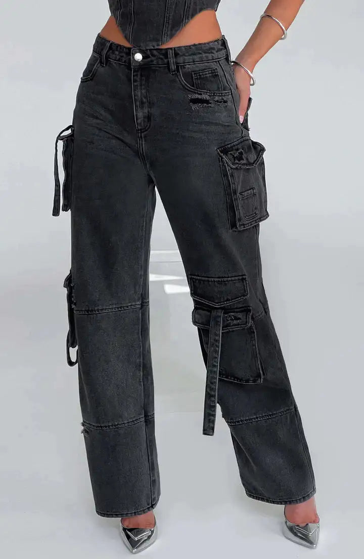 Black Denim Cargo Jeans